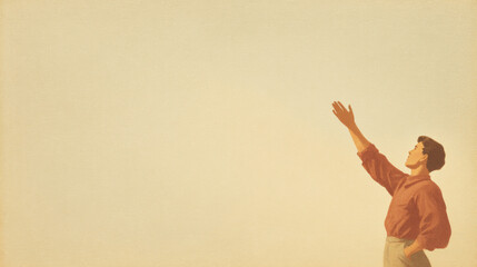 Man reaching up. Ideological conceptual retro poster style illustration. Propaganda art for aspiration and future vision.