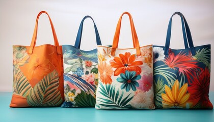assorted tote bags in various summery patterns