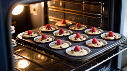 Muffin tin filled with unbaked cupcakes or muffins topped with fresh raspberries and chocolate chips, baking inside a warm oven, ready for dessert