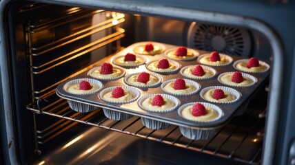 Closeup of a baking tray with unbaked raspberry cupcakes, each topped with a fresh berry, placed inside a warm oven, ready for cooking