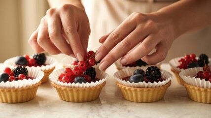 A bakers hands meticulously decorating individual berry tarts with fresh red currants and blackberries, showcasing the art of pastry making