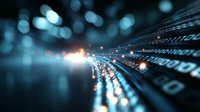 Close up binary code digital art depiction blurred bokeh effects cool blue color tones data visualization programming symbolism computational representation with copy space