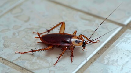 Disgusting american cockroach crawling on floor, a common household pest encountered indoors