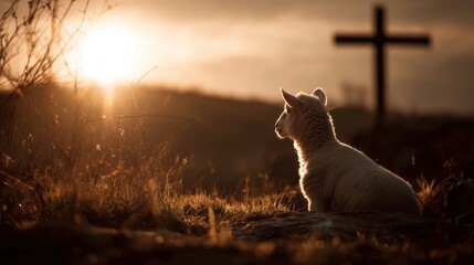 A sheep rests on a rock as the sun sets behind a wooden cross in a rural area. The sky shows warm light and shadows among the grass and hills.