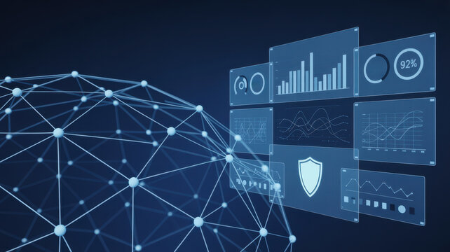 Abstract digital network globe connected to interactive data analytics dashboards, illustrating global technology, security, and data insights - Powered by Adobe
