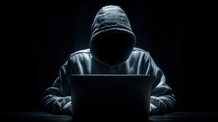 Individual sits at a table in a dark environment wearing a hoodie. The laptop screen glows brightly revealing concentration on the work being done.