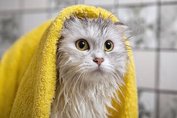 Wet fluffy cat wrapped in white towel