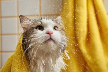 Funny wet cat wrapped in white towel