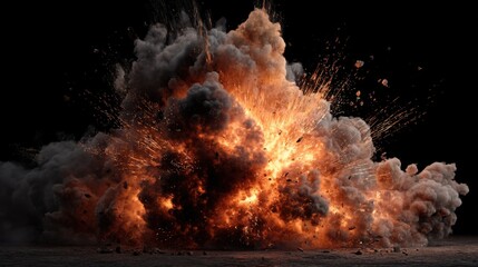An explosion takes place in a dark area. Bright flames and thick smoke rise into the air. Debris is scattered around as a result of the force.