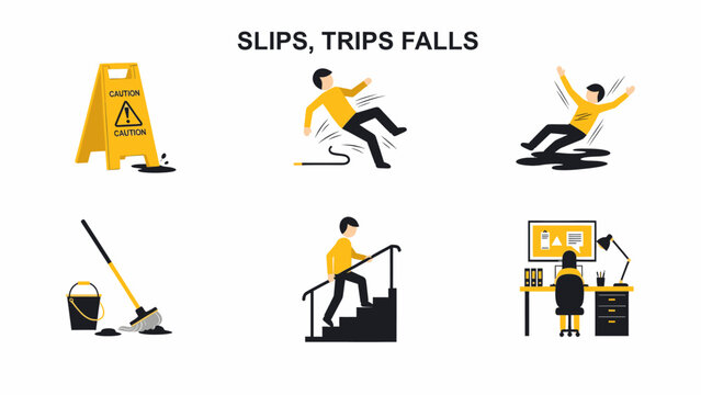 Illustration of common workplace hazards and safety precautions to prevent slips, trips, and falls