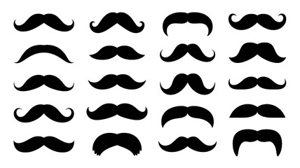Collection of black mustache silhouettes in various styles on white background for graphic design