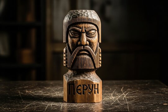 Intricate dark wood carving of Slavic god Perun, the thunderer, standing solemnly on a textured surface with dramatic lighting