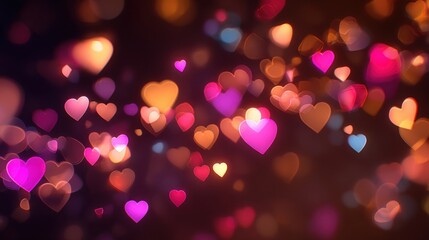 Small hearts in various colors drift across a dark background creating a lively atmosphere. These shapes shine softly under dim light suggesting joy and celebration.