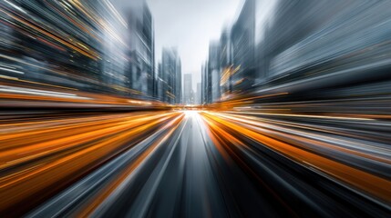 Vehicles move quickly along a city street creating light trails in the dusk. Tall buildings stand on both sides showing the urban landscape and city life.