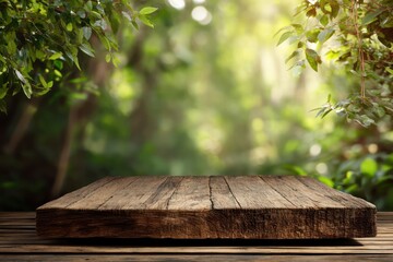 Wooden podium with natural forest background