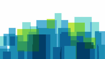 Fototapeta premium Abstract Blue and Green Geometric Shapes Forming a Cityscape Skyline with White Background