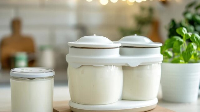 Video Three jars of yogurt and one empty jar on a cutting board, great for food or kitchen-themed ry