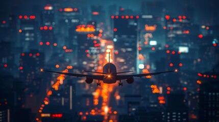 Airplane in flight at twilight soaring over a blurred cityscape illuminated by dusk lights
