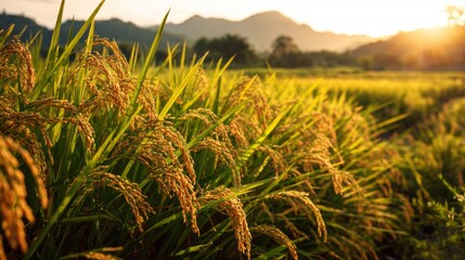 Obraz premium Golden Rice Fields at Sunset with Mountains in Background, Agriculture Landscape in Vibrant Nature Scene, Peaceful Rural Environment and Growing Crops