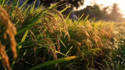 Obraz premium Golden Rice Crops Under Soft Morning Light with Dew Droplets in a Peaceful Rural Landscape