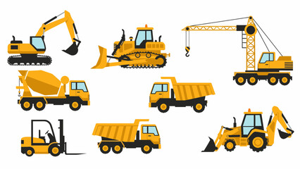 Collection of Yellow Construction Vehicles and Heavy Machinery for Building Projects