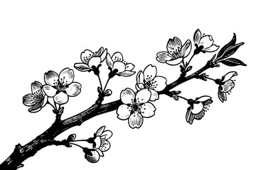 Hand-drawn cherry blossom branch with blooming flowers in detailed ink sketch style on white background. Concept of spring and nature