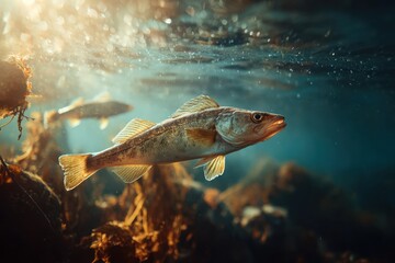 Underwater view of haddock near rocks