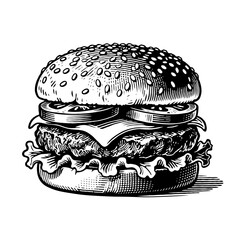 Hand-drawn cheeseburger with lettuce, tomato, cheese, and sesame bun in engraving style on white background, concept of fast food menu design
