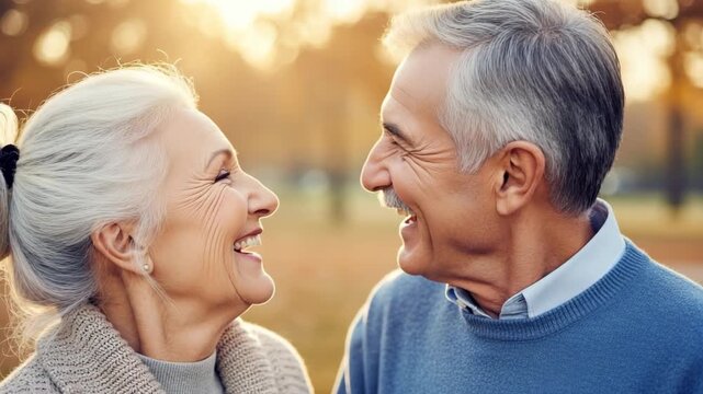Happy senior caucasian couple laughing together in a park at sunset. Elderly husband and wife enjoying a romantic moment, showcasing lasting love and companionship