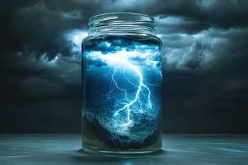 Creative jar containing a storm with lightning and clouds