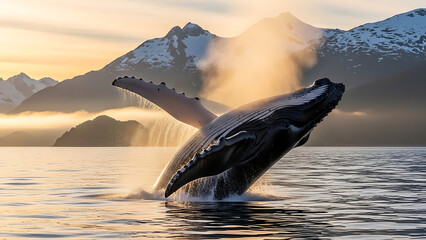 Majestic humpback whale breaching in serene glacial fjord at sunset