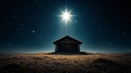 Christmas native scene with the star of Bethlehem shining over a rustic manger. Christian religion and holiday concept with a starry night sky