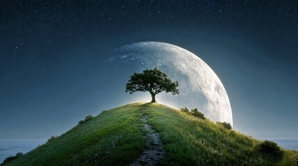 Majestic Lonely Tree on a Hill Under a Large Full Moon and Starry Sky Night Landscape 4k 