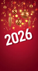 Image of red and gold striped baubles, confetti and gold ribbon above the white number 2026, symbolizing New Year celebration, invitation or event banner