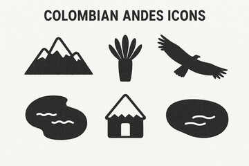Colombian Andes Icon Set with Nevado Peaks, Frailej&oacute;n and Condor in Geometric