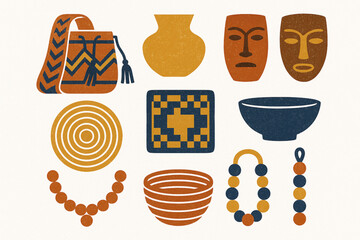 Colombian Artisan Craft Icon Set with Wayuu Mochila, Pottery and Traditional Handicrafts