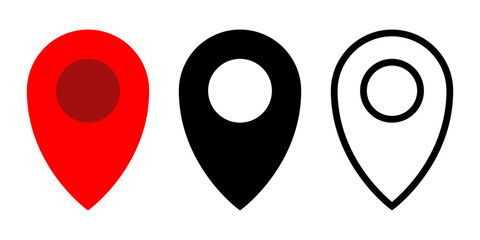 Map pin icon set. A set of location icons in minimalist flat color style, black and white outlines. Ideal for use in maps, apps, and web designs.
