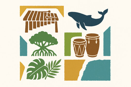 Colombian Pacific Coast Icon Set with Marimba, Whale and Afro-Colombian Cultural Symbols