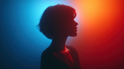 Obraz premium A woman stands in a dim space her silhouette outlined by bright blue and orange lights. The scene captures the contrast of colors and shapes in the evening.