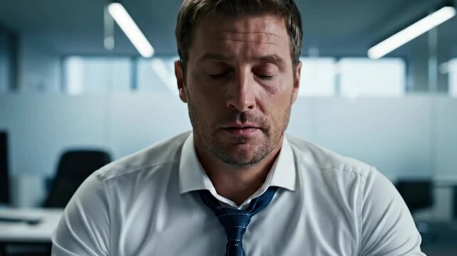 Stressed businessman in white shirt rubbing nose bridge suffering from severe headache, migraine and eye strain at office. Concept of corporate burnout, work fatigue and mental health problem