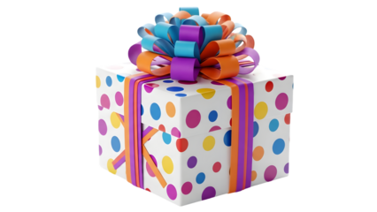 Colorful wrapped gift box with a decorative bow isolated on transparent background
