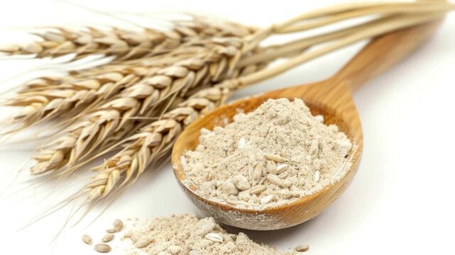Video A wooden spoon filled with oatmeal sitting next to a pile of wheat, perfect for rustic or country-themed designs