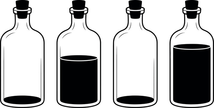 Four glass bottles with corks and different liquid levels