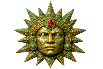 Aztec sun god tonatiuh mask with turquoise and ruby gems, ancient mesoamerican mythological deity symbol on transparent background