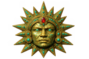Aztec sun god tonatiuh mask with turquoise and ruby gems, ancient mesoamerican mythological deity symbol on transparent background