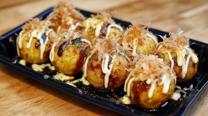 Delicious Japanese Takoyaki Balls with Toppings Served in Black Tray, Perfect for Foodies and Culinary Enthusiasts
