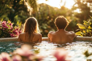 Couple relaxes in a hot tub surrounded by lush greenery and vibrant flowers at sunset
