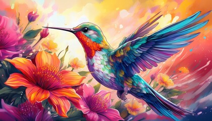 Obraz premium vibrant hummingbird amidst blooming flowers a breathtaking digital painting with rich colors and
