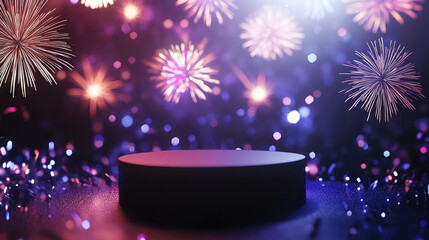 Empty stage set against a dazzling firework display and sparkling lights background, creating anticipation and celebration.  AI Generative