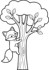 Cute fox climbing tree outline for coloring books and kids' activities
